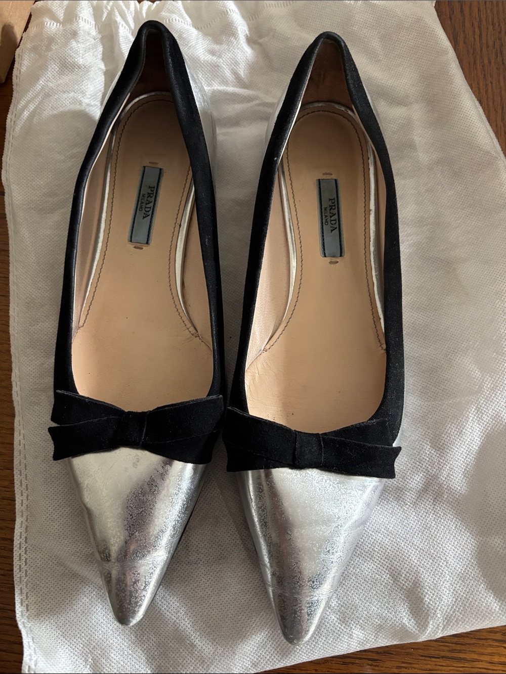 Prada Black Suede and Leather Silver Pointed-Toe Bow Flats